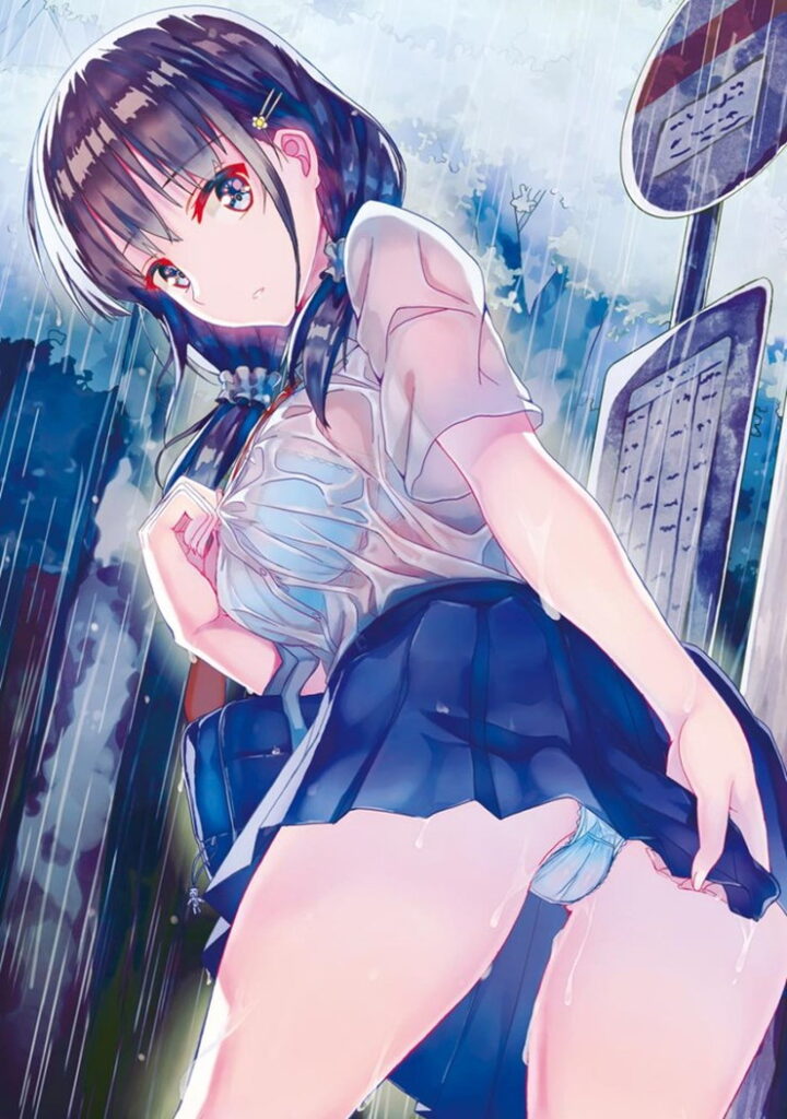 雨の中で制服の黒髪ツインテール少女がびしょ濡れになり透けた白ブラウスとスカートを捲って水色ストライプパンティを露わにしているパンチライラスト 雨に濡れた太ももと照れた表情