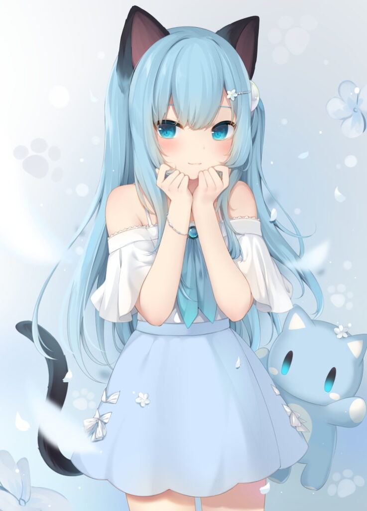 水色髪猫耳の可愛い美少女が白いオフショルダートップスに水色のミニスカートを着て両手を頰に当て微笑むポーズ, 猫尻尾と猫のぬいぐるみを付けたアニメ少女, ふわふわでエロかわいい微エロイラスト