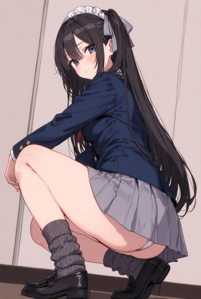 【二次】AIで叶えるフェチ画像【制服_ルーズソックス_しゃがみ_パンチラ】30枚_03-687x1024