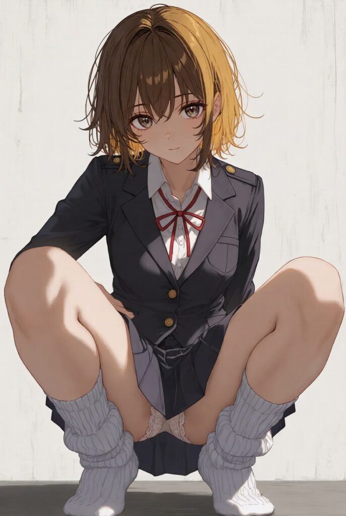 【二次】AIで叶えるフェチ画像【制服_ルーズソックス_しゃがみ_パンチラ】30枚_22-687x1024