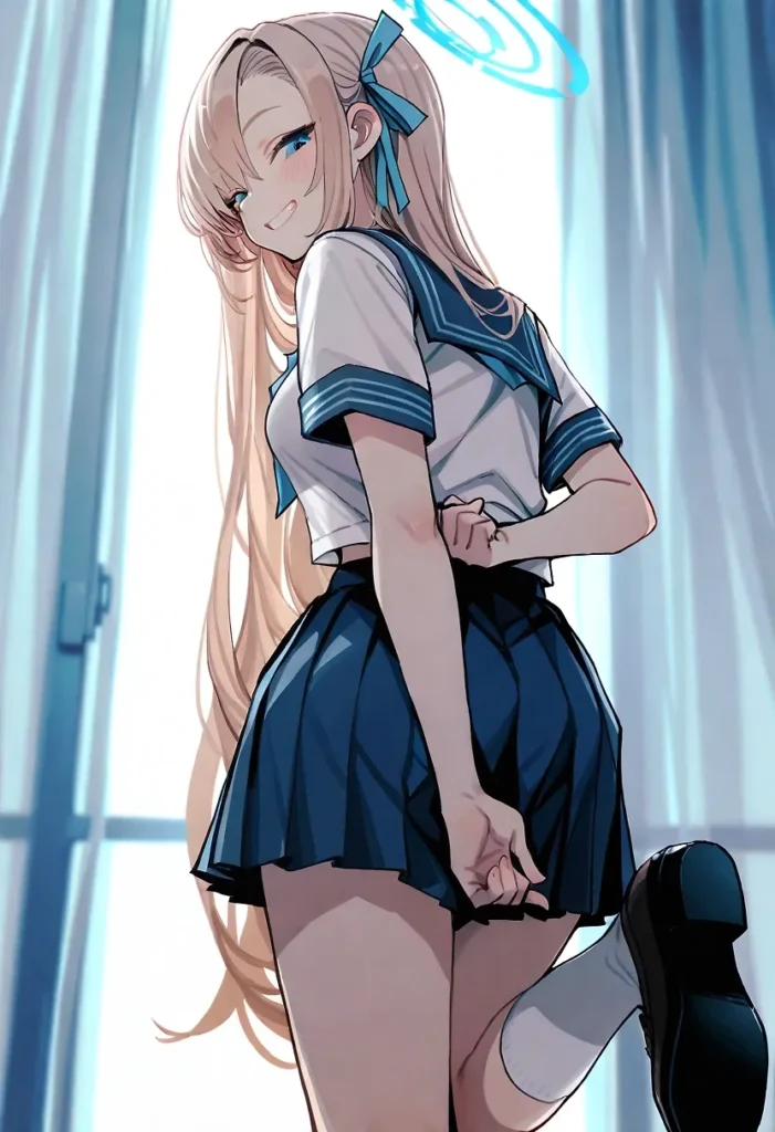 白い半袖セーラー服に紺色プリーツスカート、白いショートソックスと黒いローファーを着用し、水色のリボンで飾られた金髪ロングヘアで、両手を背中に組み片足を上げたポーズ。