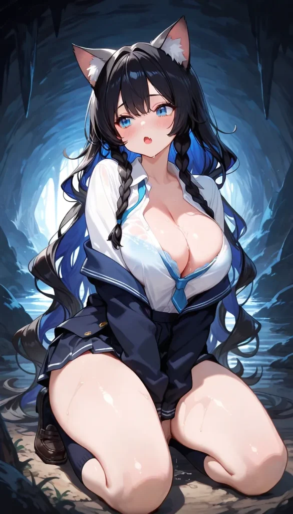 紺色のセーラー服ジャケットとプリーツスカート、白い長袖シャツと青いネクタイを着用し、黒と青のメッシュが入ったロングヘアを三つ編みにし、灰色の猫耳を持つキャラクターが両膝をついて座るポーズ。