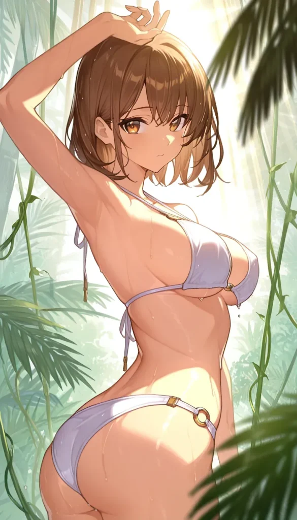 茶髪ショートの巨乳美少女が薄紫色のビキニを着てジャングルの中で水滴に濡れたエロかわいいポーズ, 水滴で光る肌と大きな胸を強調したアニメ少女, 密林での微エロイラスト