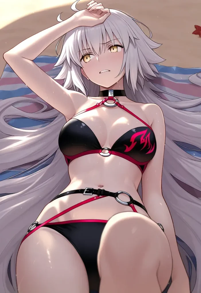 白髪ロングの巨乳美少女が黒と赤のセクシービキニを着てビーチに寝そべるエロかわいいポーズ, 汗で光る肌と長い髪を強調したアニメ少女, 海辺での微エロイラスト