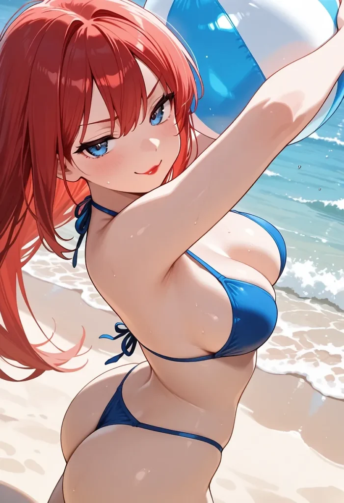 赤髪ロングの巨乳美少女が青いビキニを着てビーチボールを抱えて微笑むエロかわいいポーズ, 水滴で光る肌と大きな胸を強調したアニメ少女, 海辺での微エロイラスト
