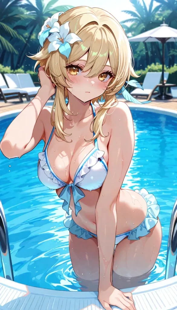 金髪の巨乳美少女が白と水色のフリルビキニを着てプールサイドに座るエロかわいいポーズ, 水滴で光る肌と花飾りを強調したアニメ少女, リゾートプールでの微エロイラスト