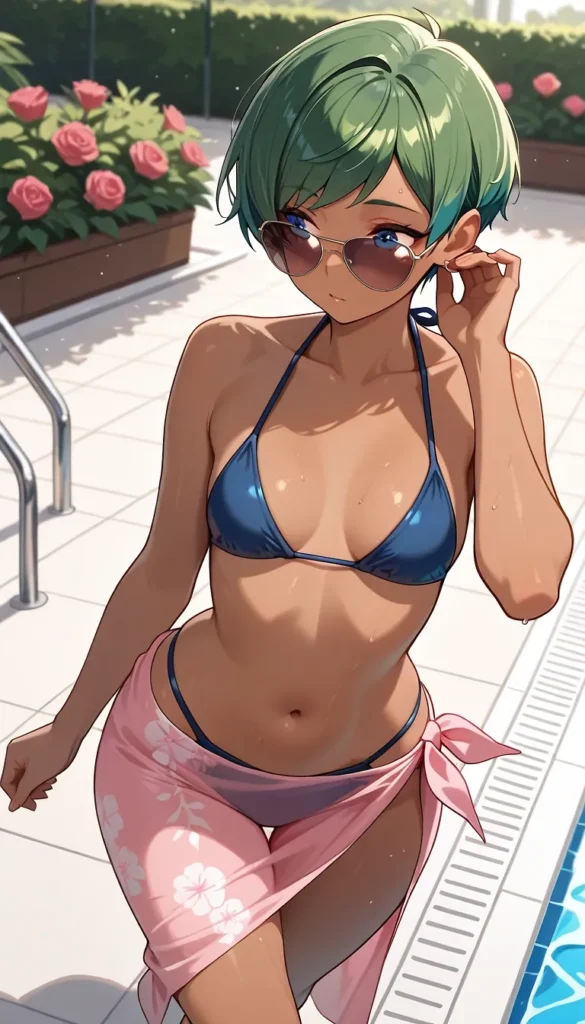 緑髪ショートの巨乳美少女が青いビキニにピンクのサロンを巻いてプールサイドに立つエロかわいいポーズ, 水滴で光る肌とサングラスを強調したアニメ少女, リゾートプールでの微エロイラスト