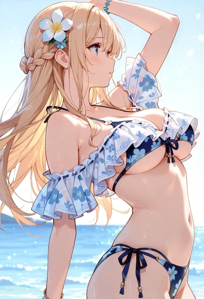 金髪ロングの巨乳美少女が白と紺のフリル花柄ビキニを着て海辺に立つエロかわいいポーズ, 水滴で光る肌と花飾りを強調したアニメ少女, ビーチでの微エロイラスト
