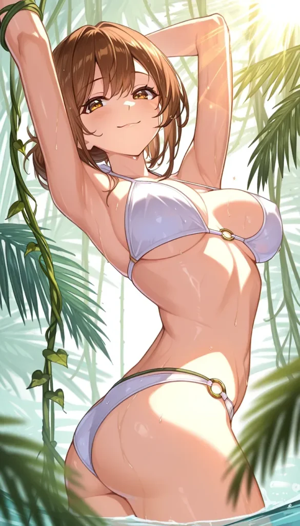 茶髪ショートの巨乳美少女が薄紫色のビキニを着てジャングルの中で水滴に濡れたエロかわいいポーズ, 水滴で光る肌と大きな胸を強調したアニメ少女, 密林での微エロイラスト