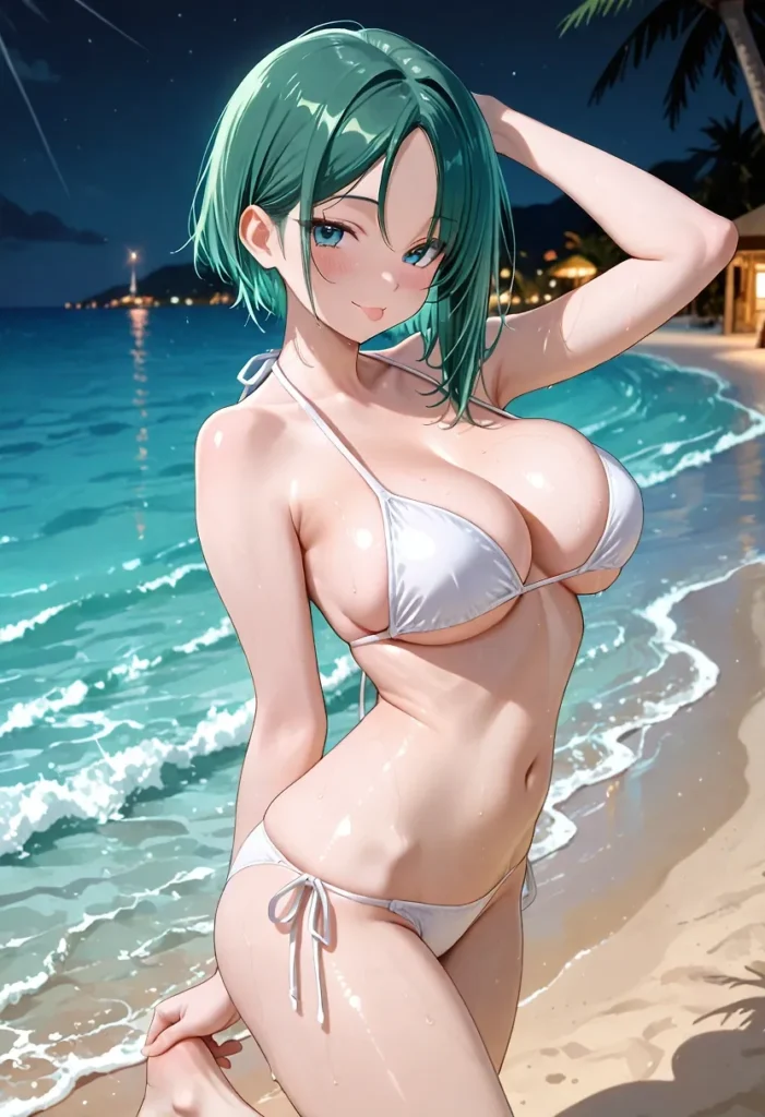 緑髪ショートの巨乳美少女が白いビキニを着て夜のビーチに座るエロかわいいポーズ, 水滴で光る肌と大きな胸を強調したアニメ少女, 夜の海辺での微エロイラスト