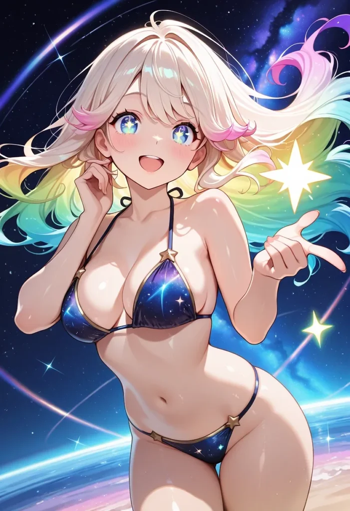 白髪にカラフルなグラデーションが入った巨乳美少女が星空柄の紺色ビキニを着て宇宙を背景にポーズを決めるエロかわいいポーズ, 水滴で光る肌と大きな胸を強調したアニメ少女, 幻想的な宇宙ビーチでの微エロイラスト
