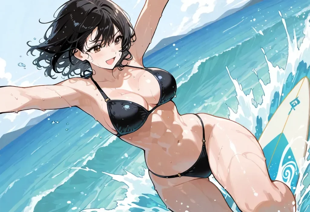 黒髪ショートの巨乳美少女が黒いビキニを着てサーフボードを抱えて波に乗るダイナミックなエロかわいいポーズ, 水しぶきと水滴で光る肌を強調したアニメ少女, 海での微エロイラスト