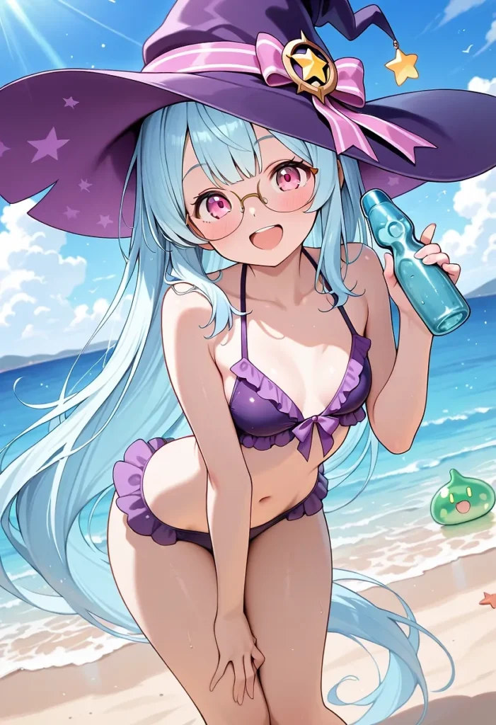 水色髪ロングの巨乳美少女が魔女帽子と紫のフリルビキニを着てビーチに立つエロかわいいポーズ, 水滴で光る肌と大きな胸を強調したアニメ少女, 海辺での微エロイラスト