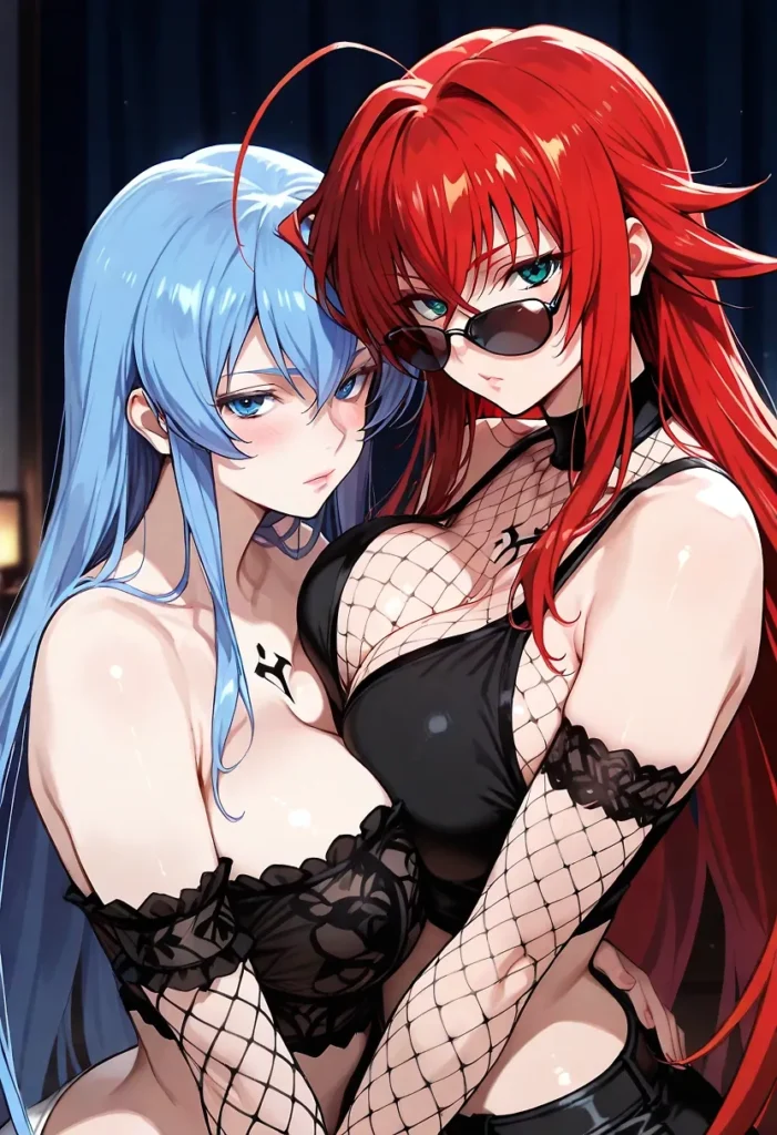 サングラスをかけた赤髪の爆乳美女と、寄り添う青髪の美少女。二人の豊かな胸元が押し付けられ、変形するほどのボリューム感が圧巻。黒いランジェリーと網タイツ（ネット素材）の食い込みが、白い肌の肉感をさらに強調。視線を奪う圧倒的なバストの競演と、パンキッシュな色気が漂うフェチイラスト。