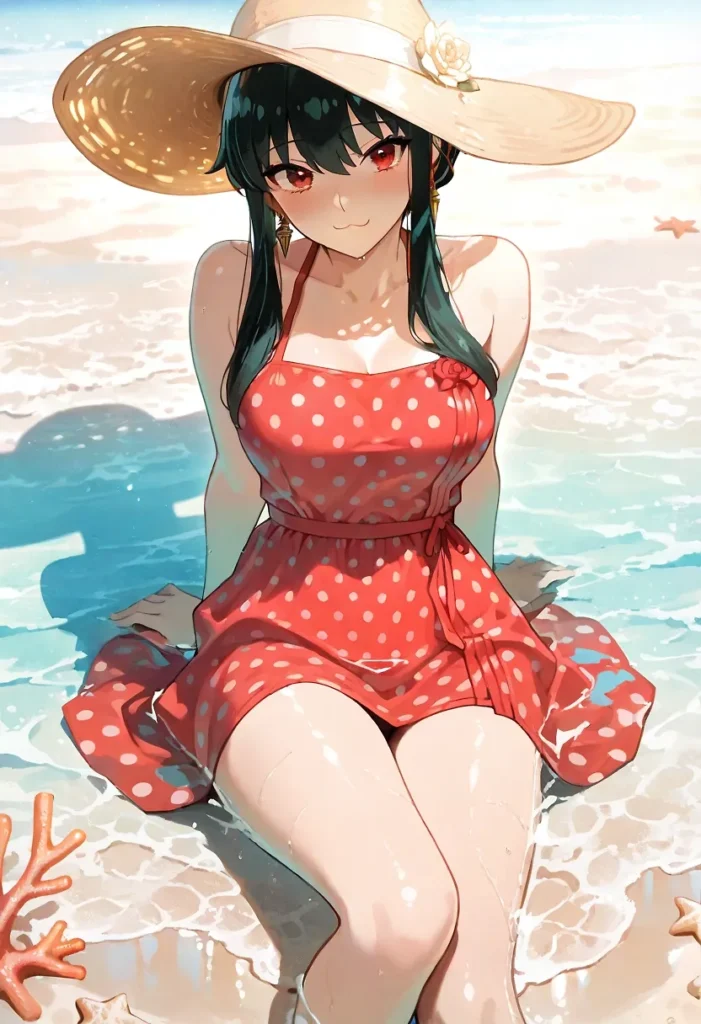 黒髪ロングに赤い瞳の美少女。水に濡れて太ももに張り付く赤のドット柄ワンピースと、その裾から覗く無防備に開かれた肉厚な太もも。麦わら帽子を被り、砂浜でこちらを見つめる肉感的なビーチシーン。