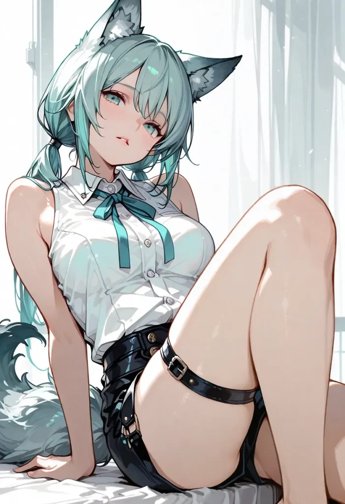 濡れた白シャツが胸元に張り付く狼耳美少女。無防備に開かれた太ももと、黒い太ももベルトが締め付けるムチムチの肉。ベッドの上で上目遣いのアングルが誘うフェチイラスト。