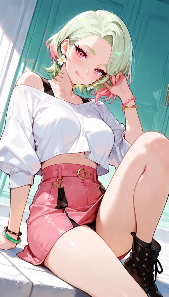 床に座り込むショートヘアの美少女。ルーズな白いトップスの裾から覗く柔らかそうなウエストのラインと、極短のショートパンツから溢れ出す肉厚な太もも。M字気味に開いたポーズによって強調される、太もも付け根の肉感と白い肌のコントラストがそそる日常フェチイラスト