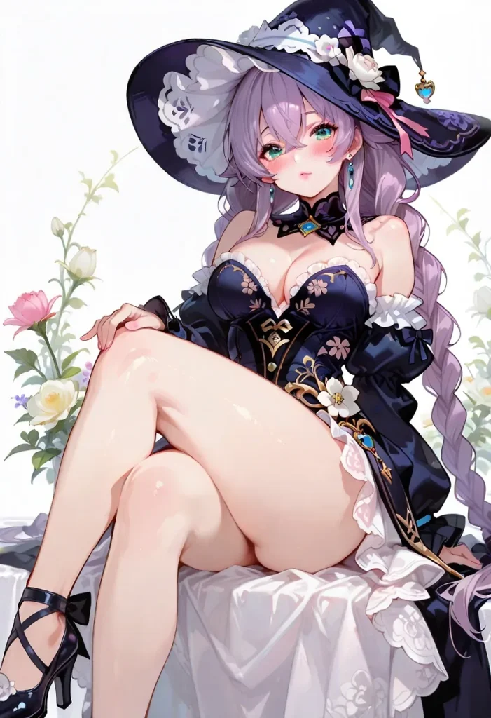 大きな魔女帽子を被った、薄紫髪の美少女。黒を基調としたフリル付きのドレスから、大胆に露出した肉厚な太もも。脚を組んだポーズによって生まれる、太もも同士の密着感と白い肌の柔らかな質感がそそる。谷間と脚線美を同時に強調したファンタジーフェチイラスト。