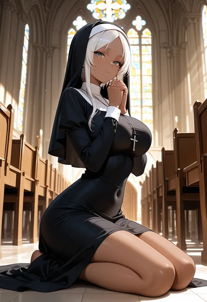 教会で跪き祈りを捧げる、小麦色の肌が眩しい銀髪の修道女。身体にぴったりと張り付く黒い修道服（シスルック）が、豊かな胸元のボリュームとヒップラインをパツパツに強調。タイトなスカートが生み出す曲線美と、無防備に露出した膝から太もものラインが魅力的なフェチイラスト。