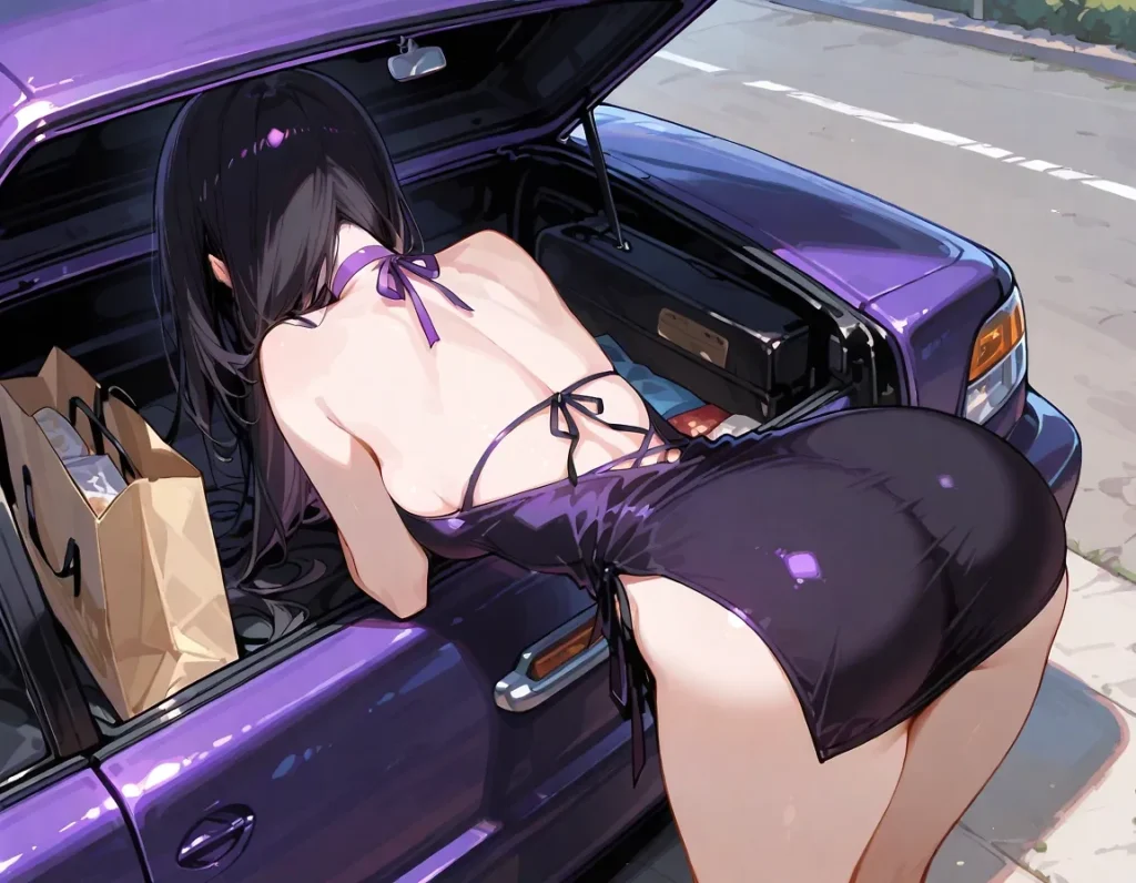 紫色の車のトランクに身を乗り出す、黒髪ロングの美少女。背中が大胆に開いた黒いミニワンピースが、豊かなヒップラインをパツパツに強調。前かがみのポーズによって生まれた、太もも同士の密着感と白い肌の柔らかな質感がそそる。無防備な背中と脚線美を同時に強調したフェチイラスト。