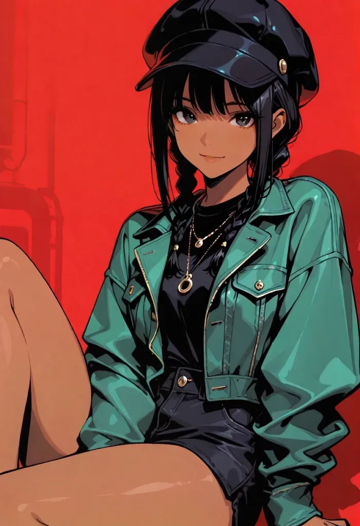 緑のデニムジャケットと黒のショートパンツを合わせた、小麦色の肌が眩しい黒髪美少女。キャスケットを被ったボーイッシュなスタイルながら、パンツの裾から覗く太ももの付け根のムチッとした肉感が強調されている。健康的な肌の質感と、ストリートファッションが融合した肉感イラスト。