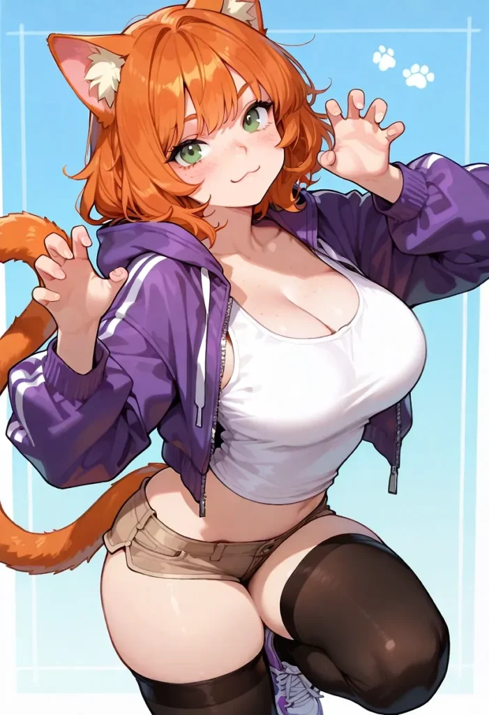 オレンジ髪の猫耳お姉さん。タイトなショートパンツにムチッと食い込む肉厚な太ももと、黒のニーソが境界線を作る絶対領域。はちきれんばかりの豊かな胸元が白いタンクトップに浮き出るポーズ。