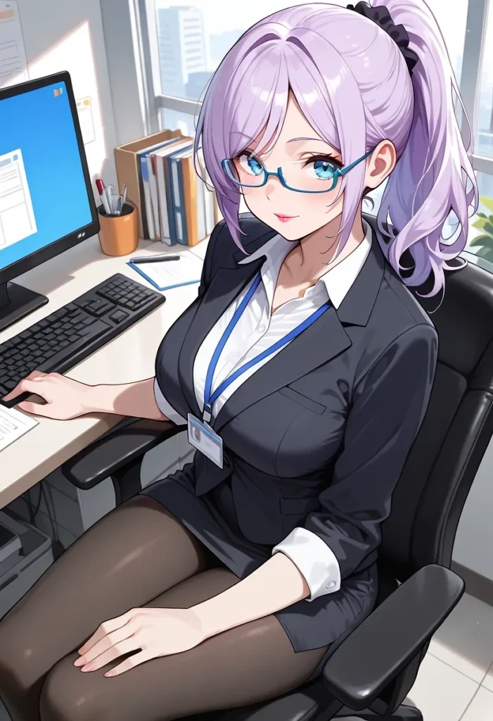 デスクでPC作業をする、紫色のポニーテールに眼鏡をかけたオフィスレディ。白シャツとはち切れそうなタイトなスーツに包まれた豊かな胸元。黒タイツに包まれた太ももの、透け感と肉厚なシルエットが絶妙なフェチポイント。知的な雰囲気と、隠しきれない肉感的な脚線美がそそる一枚。