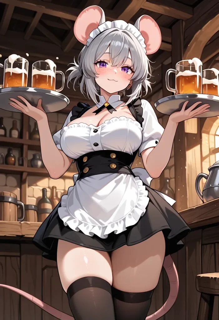 ビールジョッキを運ぶ、ネズミ耳と尻尾がついた銀髪メイドお姉さん。タイトなコルセットで強調された胸元と、極短のスカートの裾から溢れ出す圧倒的な太もものボリューム。絶対領域を強調する黒いニーハイソックスと、衣装の隙間から覗く白い肌の質感がたまらないフェチイラスト。