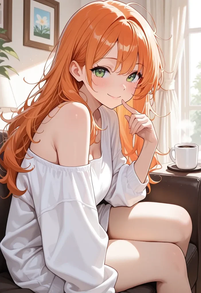 柔らかな朝の光の中、オーバーサイズの白シャツを一枚だけ羽織ったオレンジ髪の美少女。肩からずり落ちたシャツの隙間から覗く白い肌と、ソファに座って折り曲げた脚の、柔らかそうな太ももの肉感。飾らない日常的なシチュエーションが、かえって生々しい色気を引き立てる肉感イラスト。