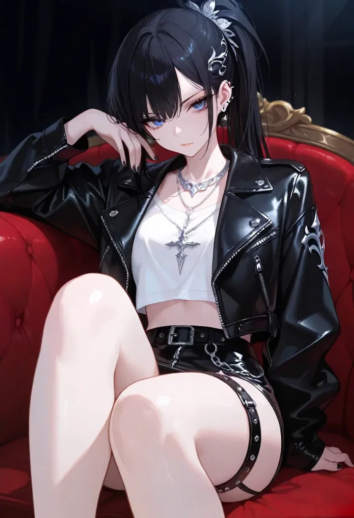 赤いソファに深々と腰掛ける、黒いライダースジャケットを羽織った黒髪ポニーテールの美少女。ハイレグ状のボトムスと、太ももに食い込むレザーのベルト（ガーター）が、肉厚な脚のラインを極限まで強調。クールな表情と、過激な衣装の隙間から覗く白い肌のコントラストが眩しいフェチイラスト。