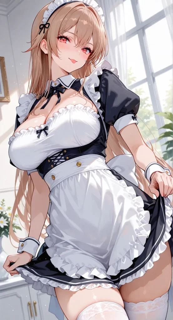 フリルたっぷりのメイド服の裾を自ら捲り上げ、露わになったムチムチの太もも。白いレースのニーソックスに食い込む肉厚な質感と、コルセットで強調されたわがままボディ。上目遣いで微笑む表情が挑発的なメイドフェチイラスト。