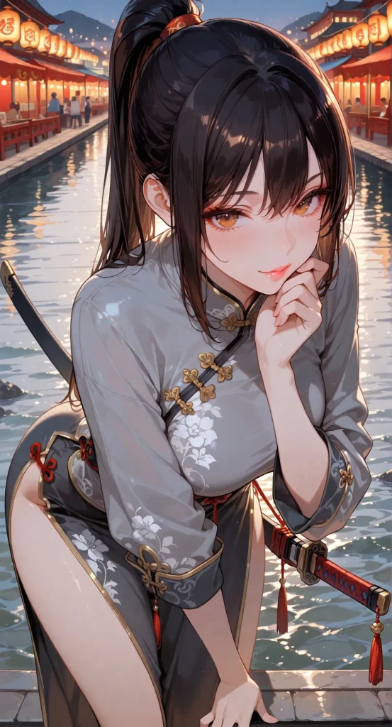 黒髪ポニーテールのお姉さんが纏う、スリットの深いチャイナドレス。前かがみの姿勢で強調される谷間と、スリットの隙間から大胆に露出した肉感的な太もも。腰に差した刀と、こちらを見つめる意志の強い瞳が魅力的な、和風モダンな肉感イラスト。