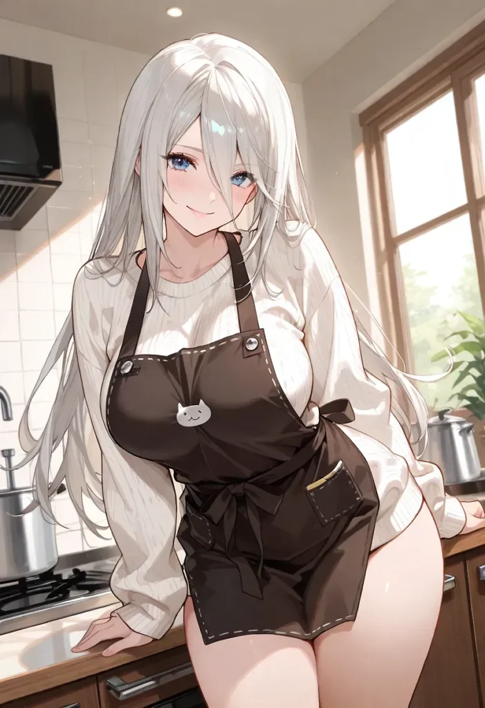 白ニットにエプロン姿の銀髪お姉さん。エプロンの下は何も履いていないかのような、無防備に露出したムチムチの太ももと腰回りのライン。キッチンで微笑むシチュエーションと、わがままボディのギャップがたまらないイラスト。