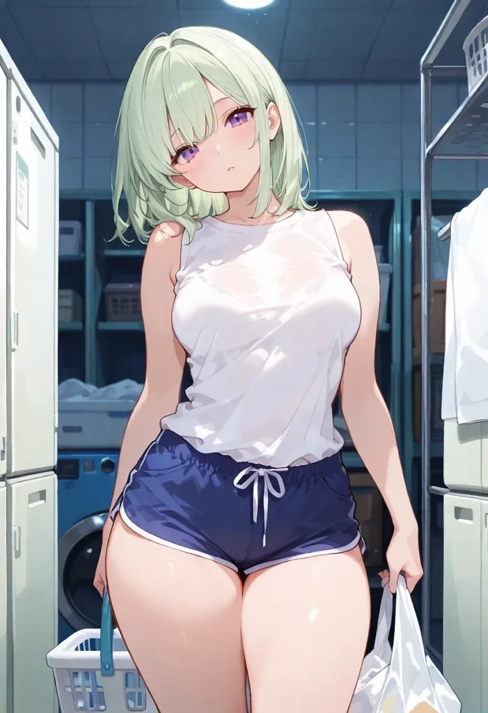 コインランドリーに佇む薄緑色の髪の美少女。汗か水に濡れて肌に張り付く白タンクトップと、短いショートパンツから溢れる肉感的な太もも。無防備な立ち姿と、透けて見えるボディラインが刺激的な肉感イラスト。