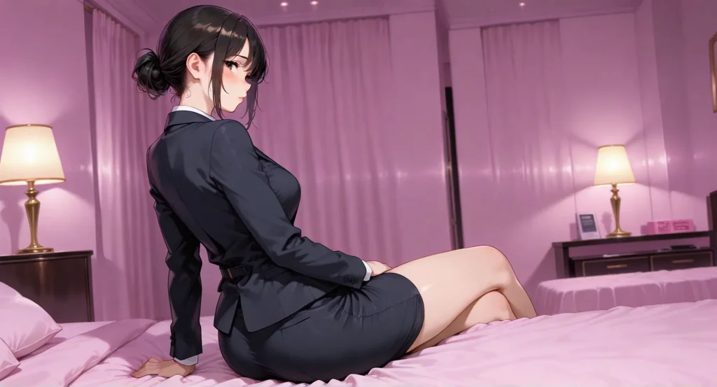 ホテルのベッドに腰掛ける黒タイトスカート姿のOLお姉さん。身体にフィットしたスーツが強調するヒップラインと、スカートの裾から伸びるムチムチとした太もも。夜のシチュエーションと、大人の色気が漂うオフィスレディイラスト。