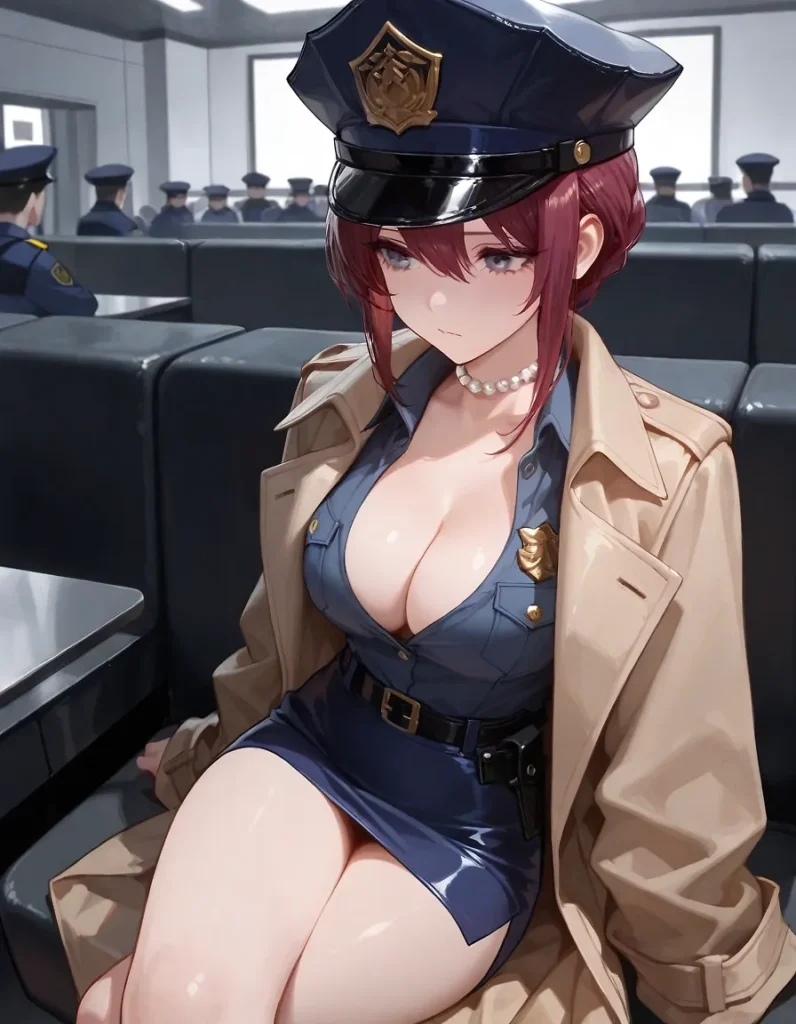 トレンチコートを羽織った赤髪の女警官。制服のシャツのボタンが弾けそうなほど強調された豊かな胸元と、短いスカートから覗く白く肉厚な太もも。凛々しい表情と、パツパツの衣装が生み出す肉感のギャップが魅力的なイラスト。