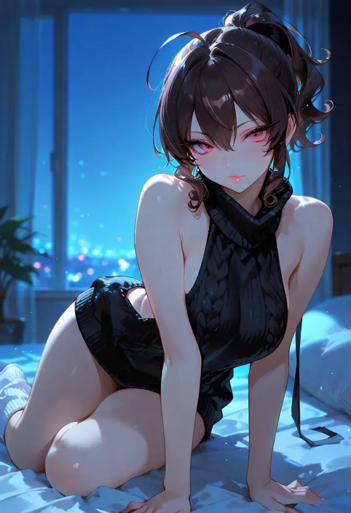 淡いグレーのリブニット（セーター素材）を纏った銀髪お姉さん。上下セパレートの裾から覗く柔らかなウエストの曲線と、ハイレグ状のボトムスから溢れ出す肉厚な太もものライン。ニットの温かみのある質感と、大胆に露出した白い肌のコントラストがそそる肉感イラスト。