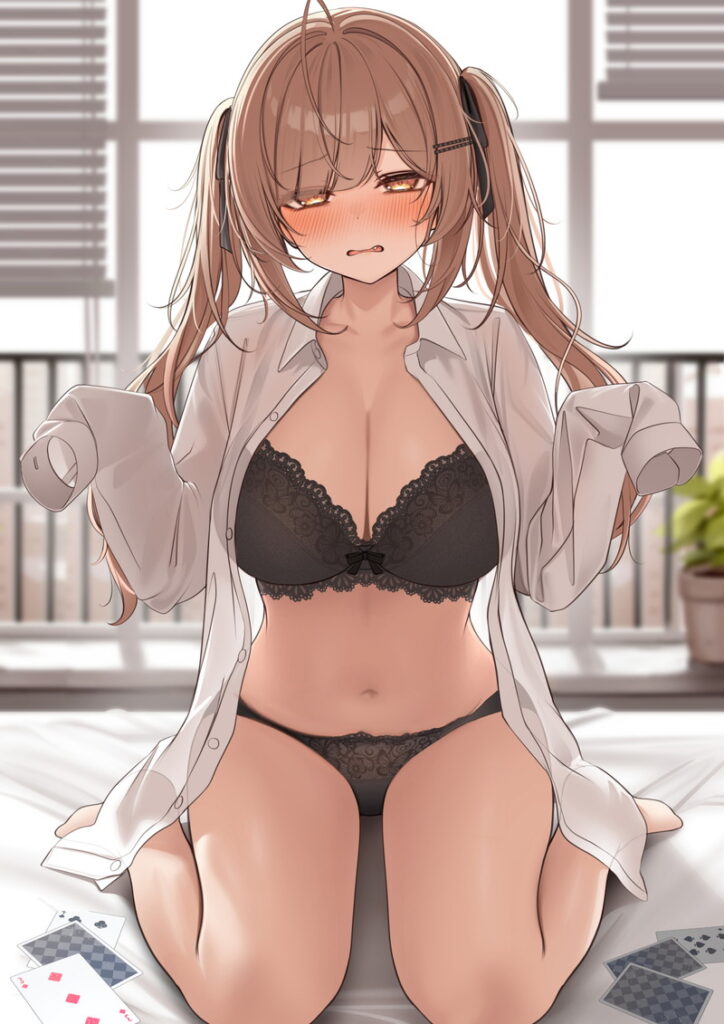 制服の白いワイシャツを肩からずらして羽織り、黒いレースのブラジャーとショーツを着用した、茶髪ツインテールの少女が頬を赤らめて膝立ちで座っている。