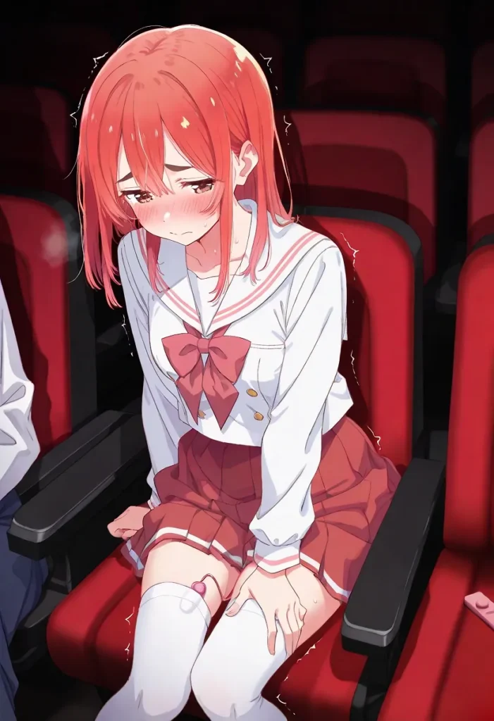 コーラルピンクのストレートヘアの人物が、ピンクの二本線入りセーラー襟の白い長袖セーラー服、ピンクのリボン、赤地に白い二本線入りプリーツスカート、白いニーソックスを着用し、椅子に座り俯いた姿勢をとっている。