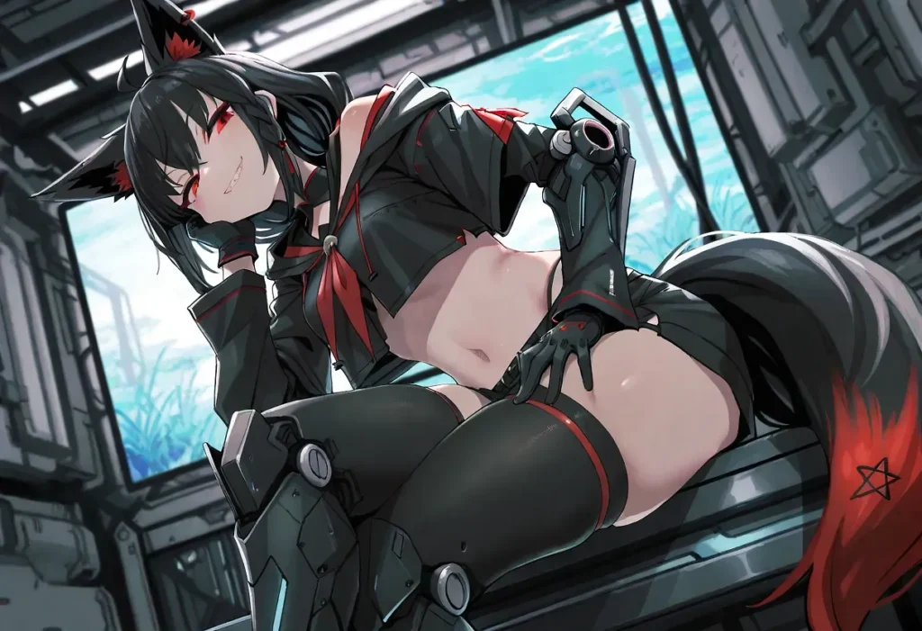 黒基調に赤をアクセントとしたショート丈フーディージャケットとへそ出しデザイン、赤ライン入りサイハイソックス、メカニカルなグローブと脚部装甲を着用し、黒いショートヘア、黒と赤の獣耳、赤い星模様の黒い尻尾を持つキャラクターが、体を横向きにひねり左頬に手を当てて座るポーズ。