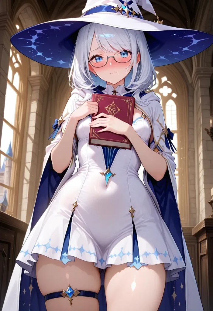 白い魔女帽と青い裏地のフード付きケープ、Vネックの白いミニワンピースを着用し、ワンピースには胸元と裾に青い装飾、裾にはスリットがあり、太ももには青いガーターリングを装着、白いミディアムヘアの人物が本を抱えて直立している。