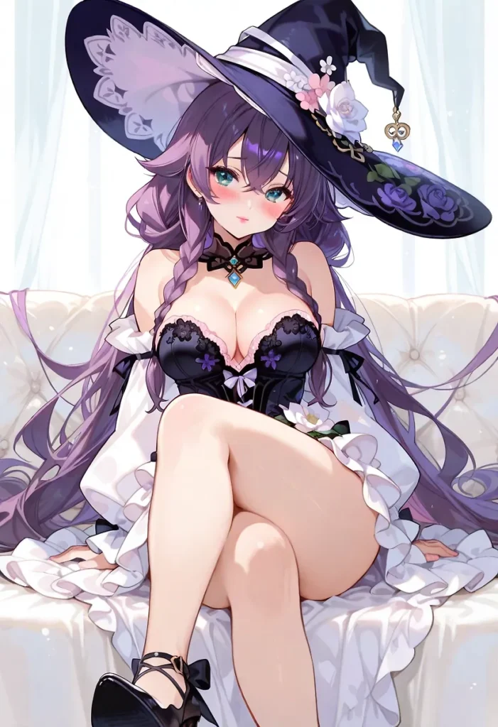 広いつばの黒紫グラデーションの帽子はレース、リボン、花飾り、チャームで装飾され、紫色のウェーブロングヘアを一部三つ編みにし、黒いチョーカーと、ピンクのパイピングと紫レースのリボン飾りの黒いビスチェ風トップスの上に白いフリル付きオフショルダードレスを着用し、黒いストラップパンプスを履き脚を組んで座る。