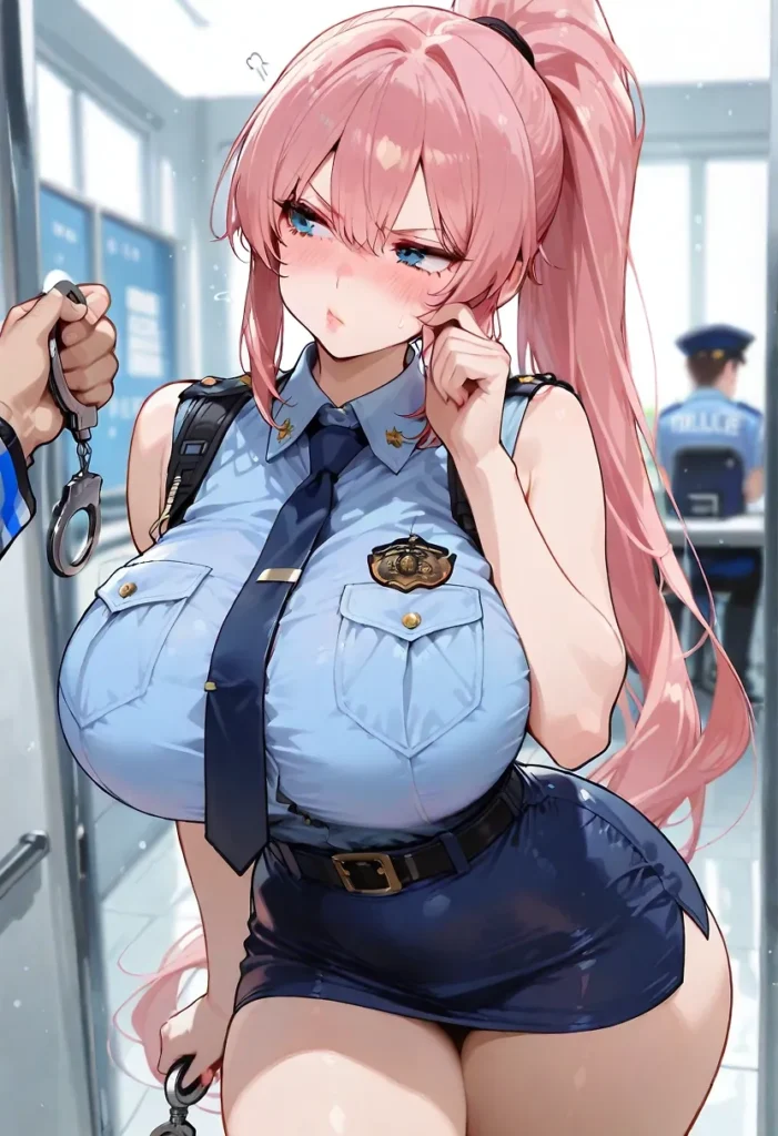 ピンクのロングポニーテールと青い瞳を持つ女性は、ライトブルーの半袖シャツ、ダークブルーのネクタイ、黒いベルト、ダークブルーのミニスカートで構成された制服を着用しており、シャツには肩章、金色バッジ、襟の星形装飾が施され、手錠を持ち顔に手を当てるポーズである。