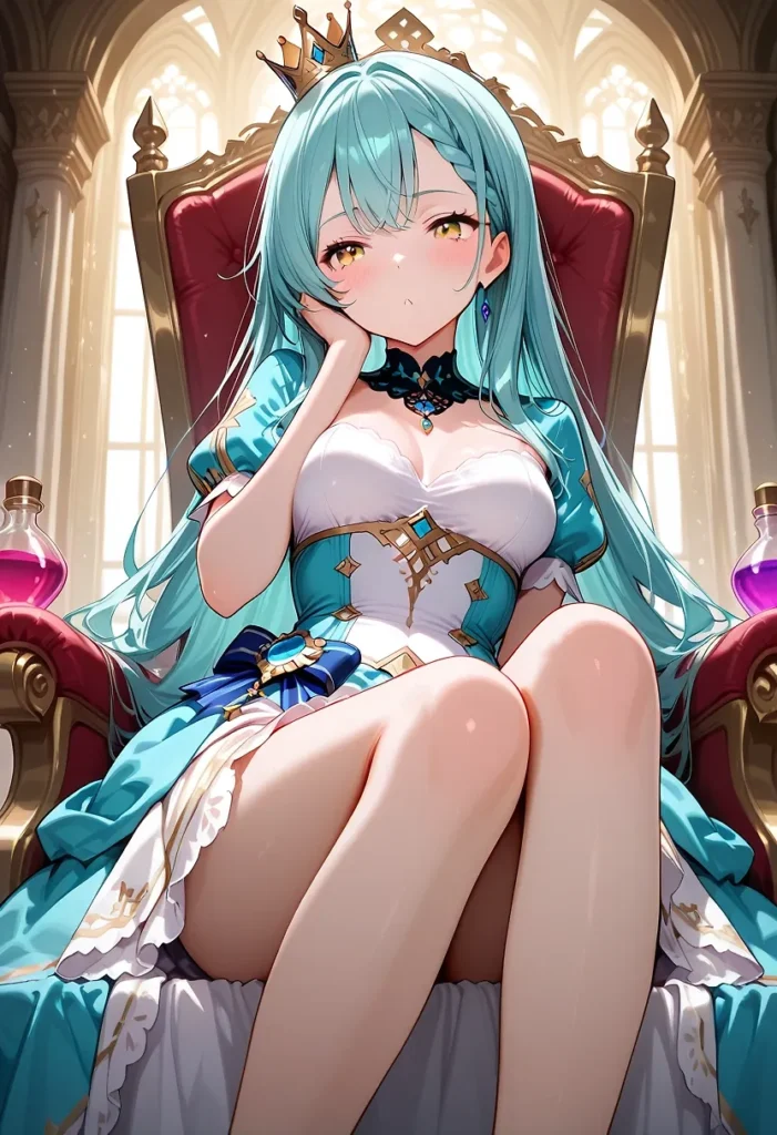 ターコイズブルーのロングヘアに金色の王冠を冠したキャラクターは、オフショルダーの白いビスチェとターコイズブルーに金色の装飾が施されたコルセット風ドレス、黒いチョーカーを身につけ、玉座に座り左手で頬を支えるポーズを取る。