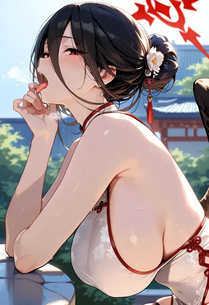 黒髪のまとめ髪に白い花と赤いタッセルの髪飾りを付け、首元には赤いチョーカーを装着し、白い桜紋様が施されたノースリーブのチャイナドレス風トップスを着用、赤いパイピングが特徴で胸元が大きく開いたデザインであり、上体を前傾させたポーズである。