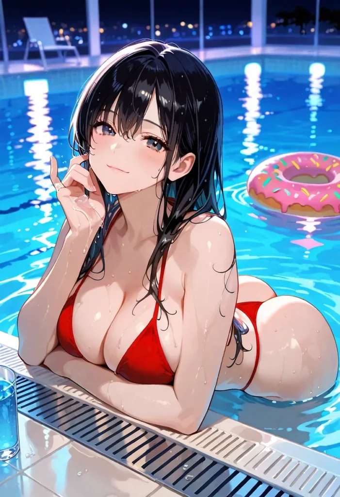 赤色のトライアングルブラとサイドタイショーツで構成されるビキニを着用し、黒髪セミロングの女性がプールサイドに肘をついて上半身を水面から出し、顔をわずかに傾け右手を添えて微笑むポーズ。