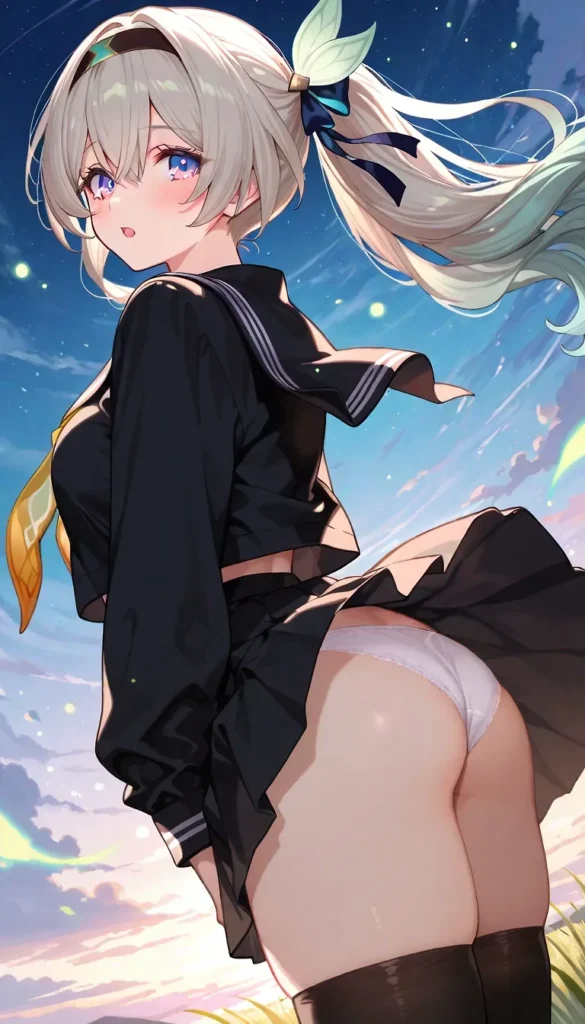 黒いショート丈セーラー服に白ライン、黒いプリーツスカート、白い下着、黒いサイハイソックスを着用し、薄い金髪から緑のグラデーションのサイドポニーテールには葉と青いリボンの髪飾り、胸元には黄色いネクタイ状の装飾を付け、身体をひねり顔を上げたポーズ。