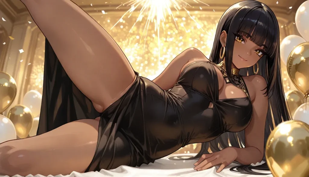 光沢のある黒いアシンメトリーストラップドレスを着用し、首元には金色の装飾、耳には金色のフープイヤリングを身につけた、黒いロングストレートヘアと褐色の肌、金色の瞳の人物が、横たわり左脚を高く上げたポーズをとっている。