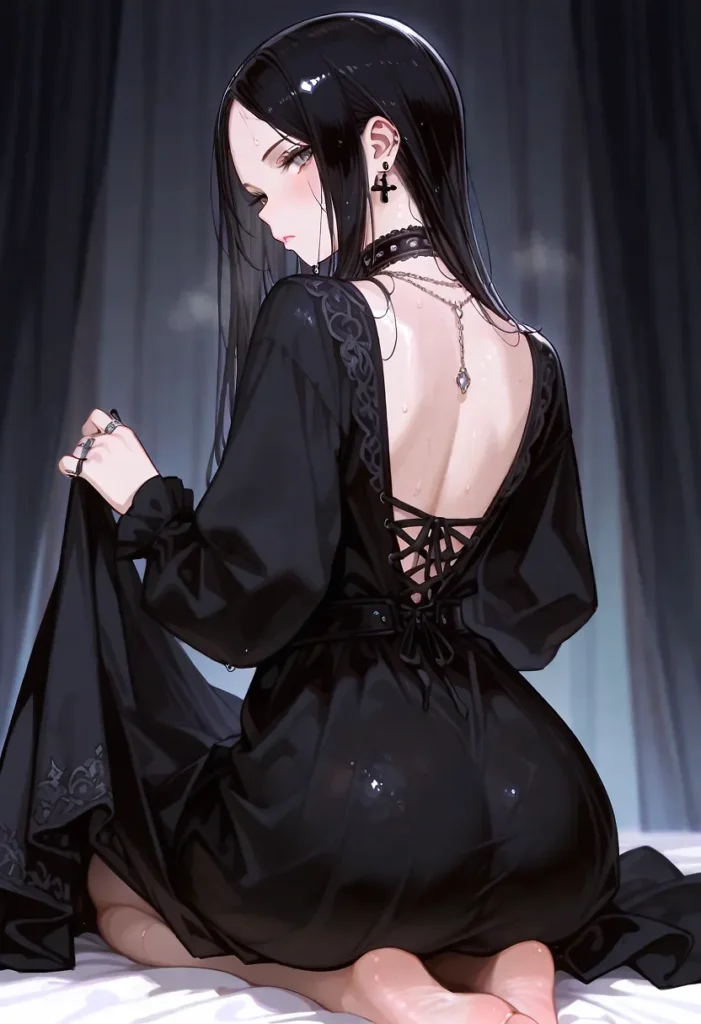 黒色の背中編み上げロングドレスに渦巻き模様の装飾が施され、スタッズチョーカー、クロスピアス、ペンダント付きシルバーチェーンネックレス、複数のリングを身につけ、黒のロングストレートヘアで膝をつくポーズ。