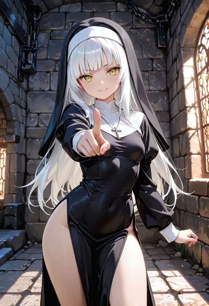 白いヘッドピースと黒いベールを着用し、白い襟とカフスが付いた黒い長袖の修道女風ドレスは、ボディラインにフィットし両サイドに深いスリットがあり、銀色の十字架ネックレスを身につけ、白い長髪で、右腕を前方へ伸ばし人差し指で指し示すポーズ。